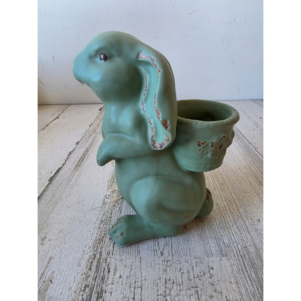 Ceramic green Easter crackle bunny rabbit planter vtg style vote of candle‎